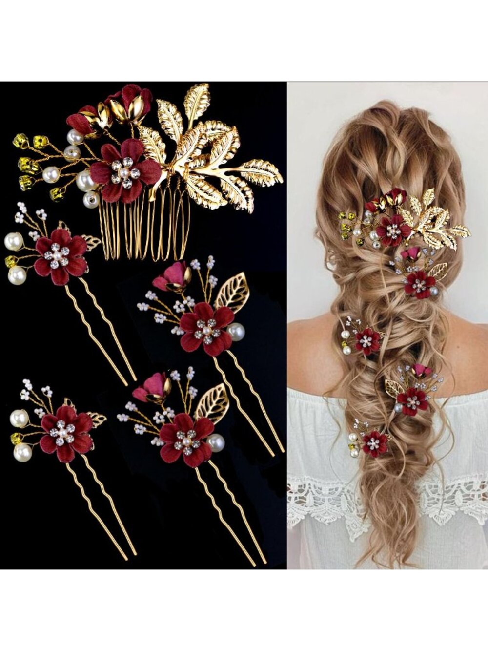 Womens Elegant Burgundy Rhinestone Bridesmaids Crystal Jewellery Pearl Hair Clip